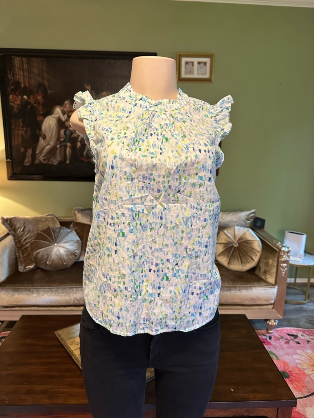 THML White Sleeveless Ruffle-Trim Blouse with Blue & Green Print